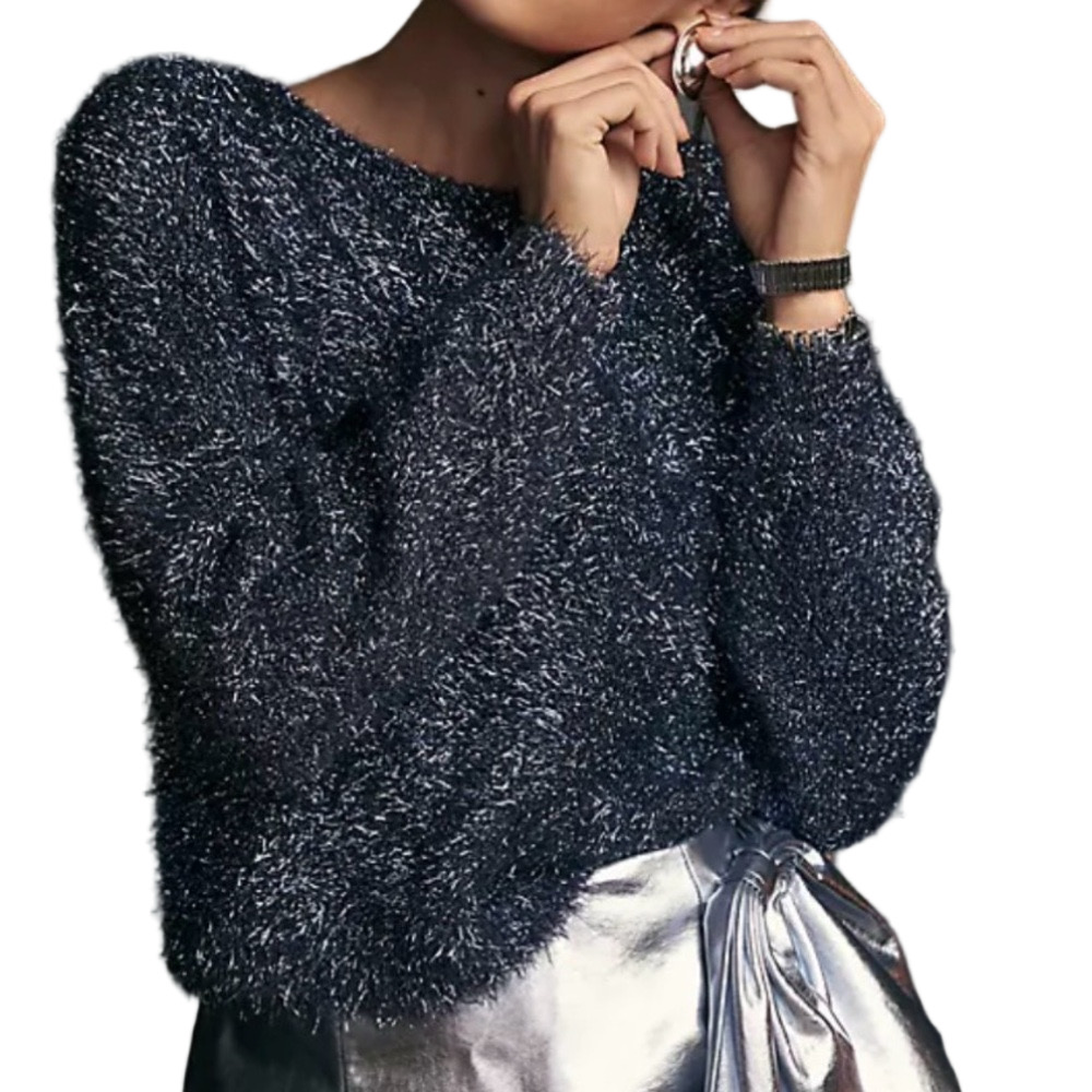 Anthropologie navy blue and silver metallic Eyelash Pullover fuzzy Sweater